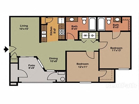 Floor plan for 2 beds, 2 baths, 894 sqft